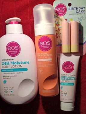 EOS Fresh & Cozy lotions, pink citrus shave cream, & birthday cake lip balm